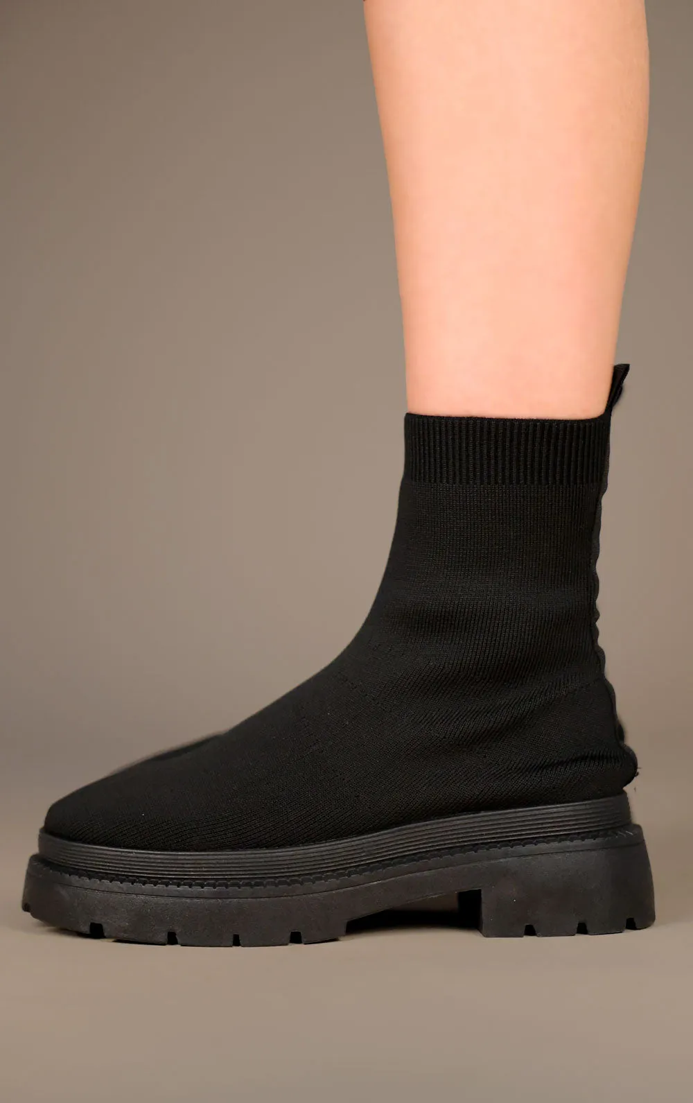 Black Fabric Ribbed Ankle Sock Boot