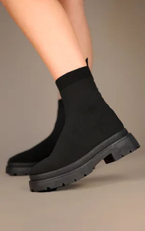 Black Fabric Ribbed Ankle Sock Boot