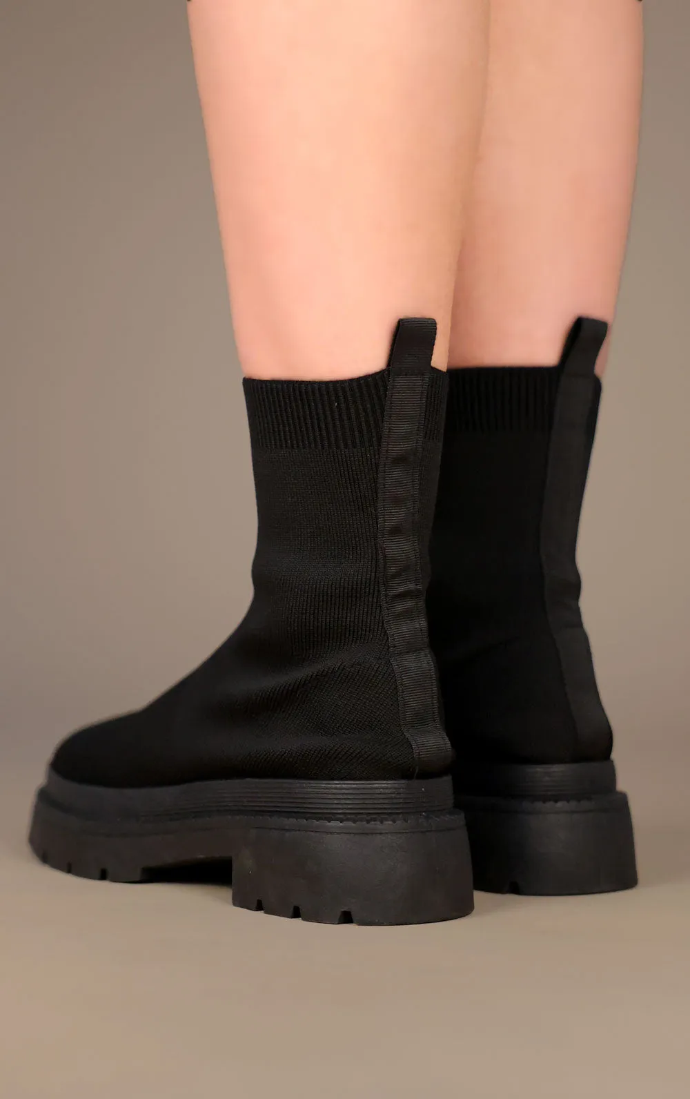 Black Fabric Ribbed Ankle Sock Boot