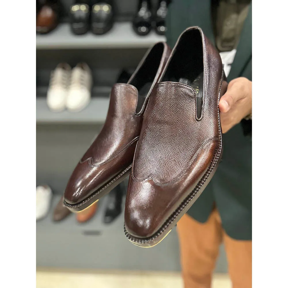 Brown Goodyear Welted Hatchgrain Wingtip Loafers With Fiddle Back Sole & Metal Toe