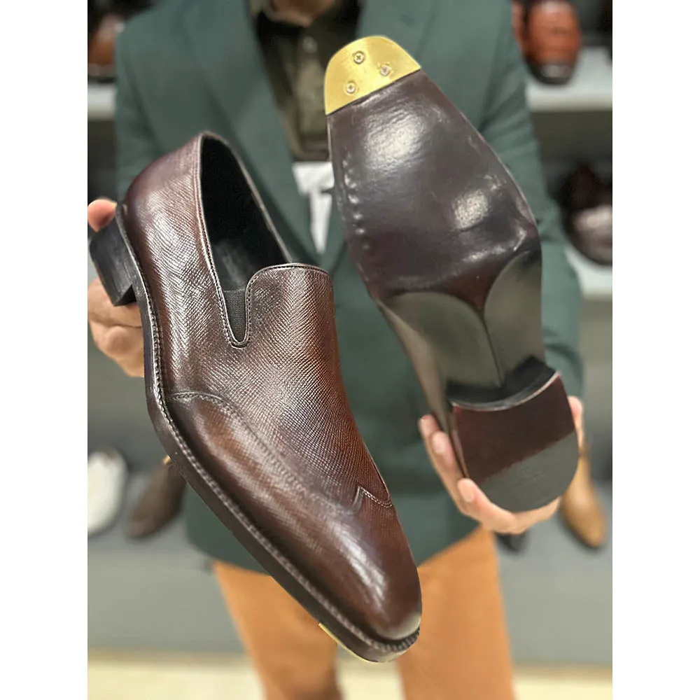 Brown Goodyear Welted Hatchgrain Wingtip Loafers With Fiddle Back Sole & Metal Toe