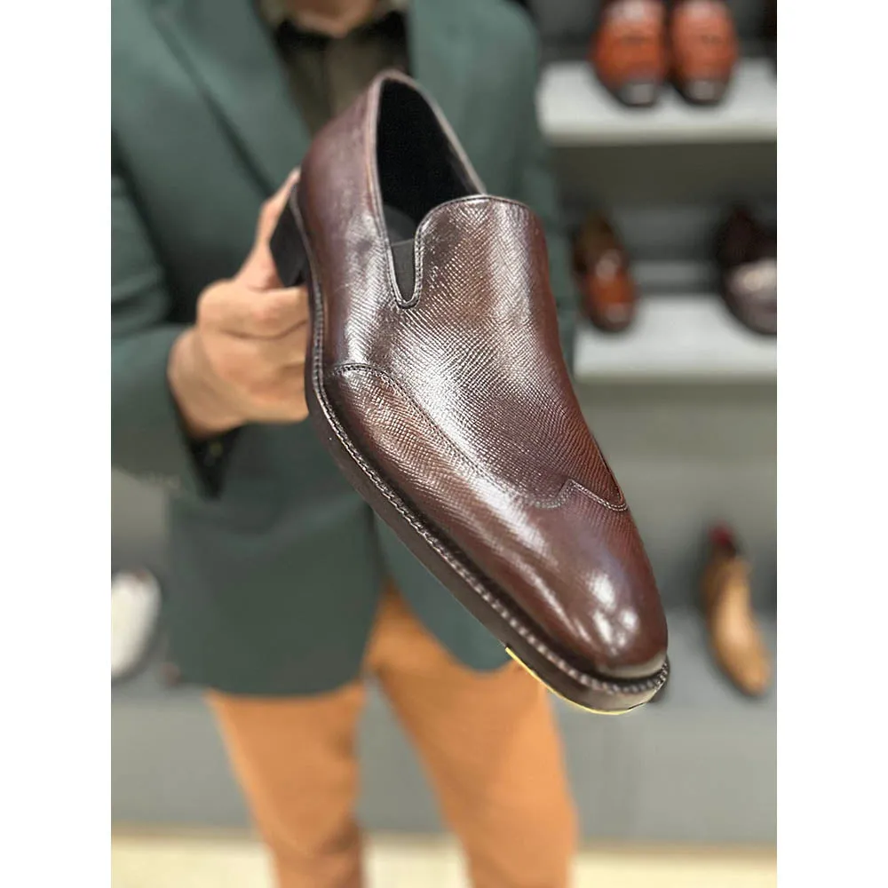 Brown Goodyear Welted Hatchgrain Wingtip Loafers With Fiddle Back Sole & Metal Toe