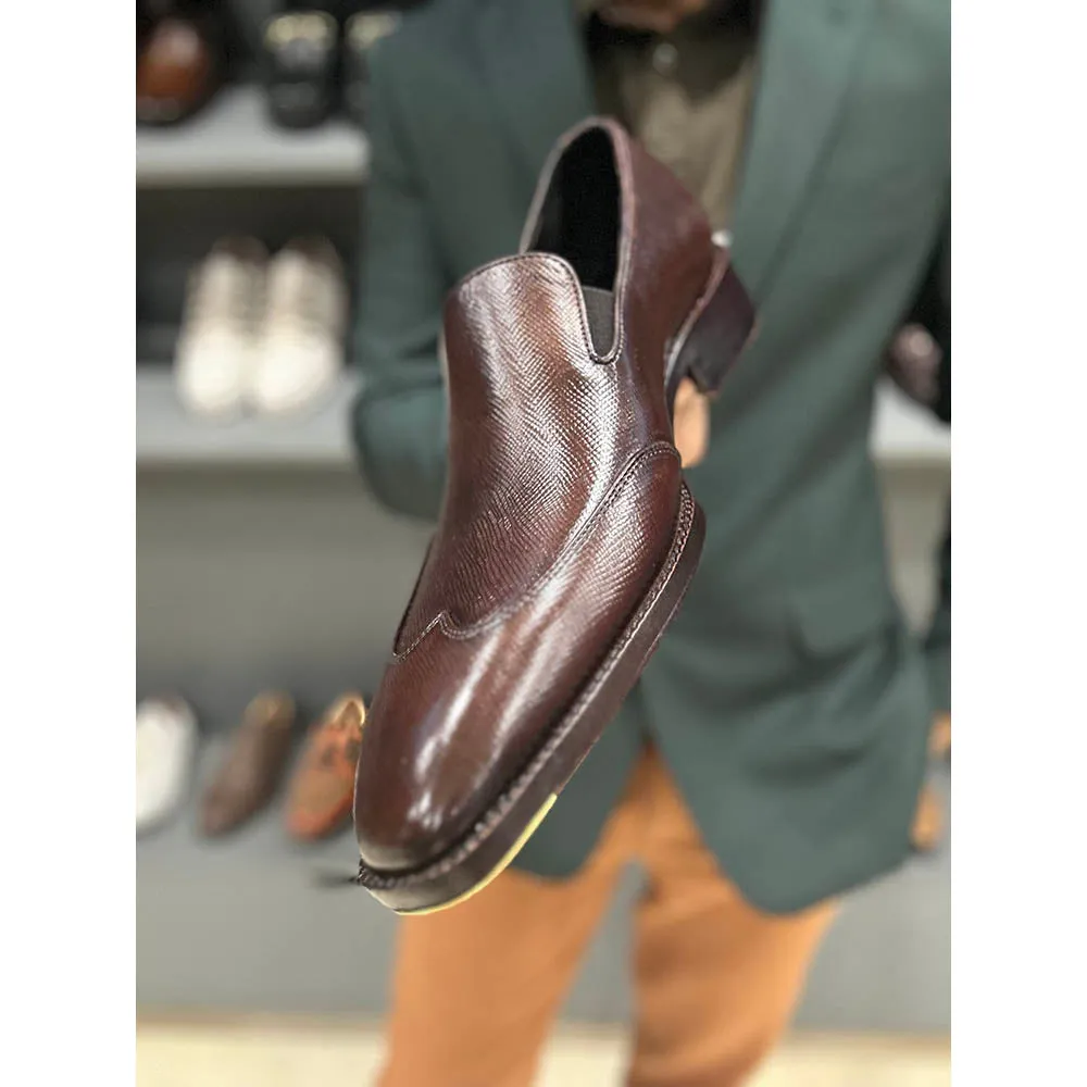 Brown Goodyear Welted Hatchgrain Wingtip Loafers With Fiddle Back Sole & Metal Toe