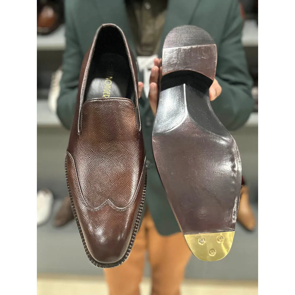 Brown Goodyear Welted Hatchgrain Wingtip Loafers With Fiddle Back Sole & Metal Toe
