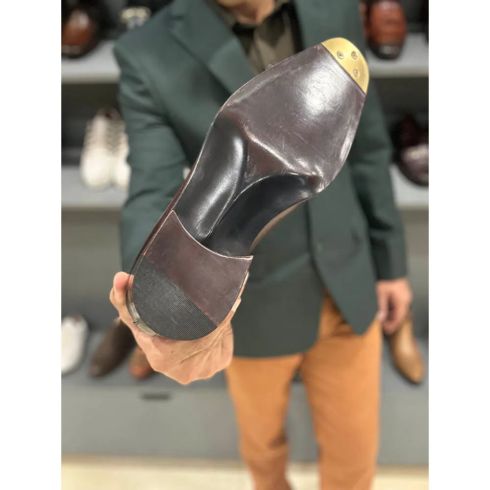 Brown Goodyear Welted Hatchgrain Wingtip Loafers With Fiddle Back Sole & Metal Toe