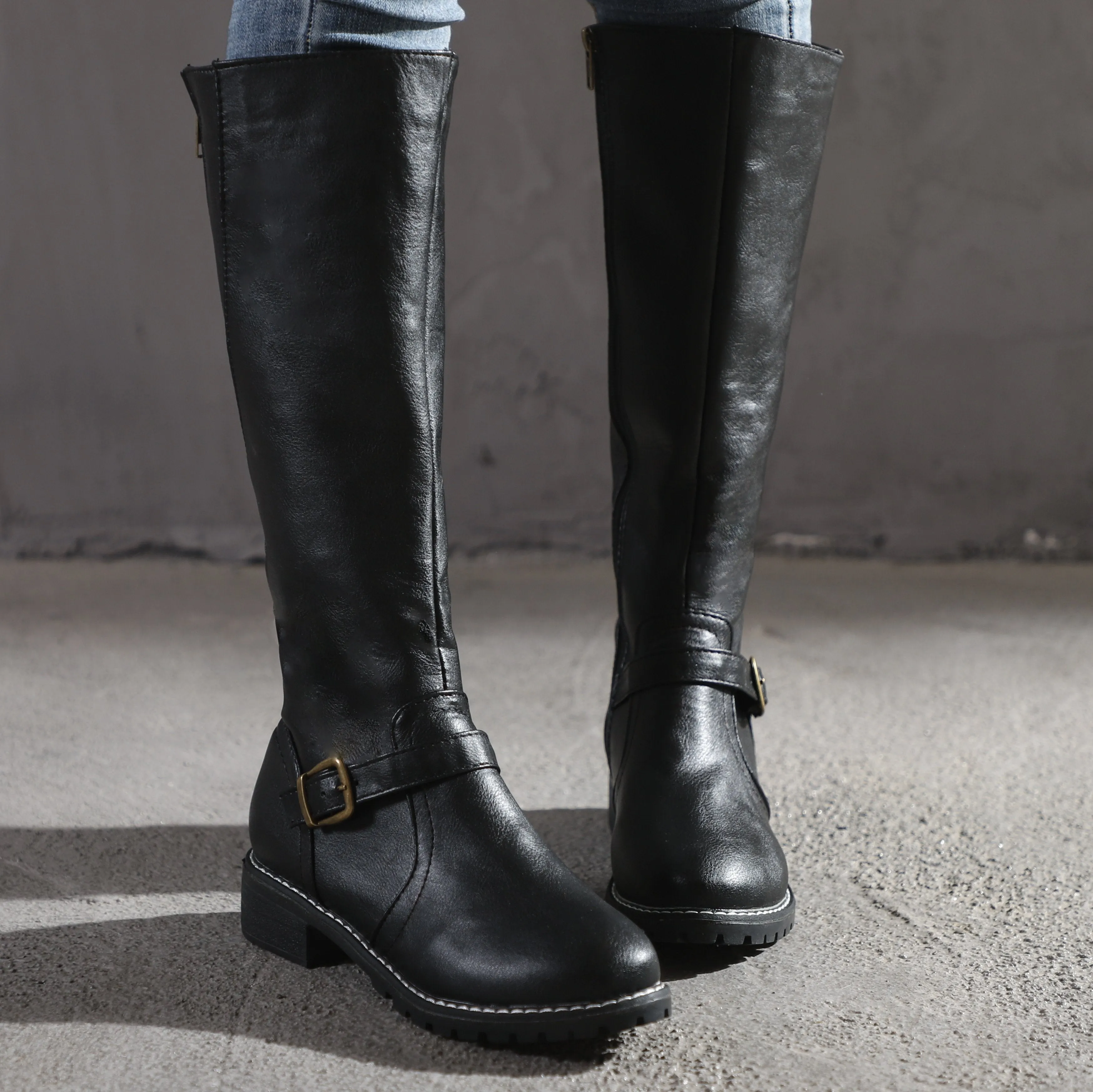 Chicvane Retro British Stylish Strap Buckle  Knee High Boots with Zipper