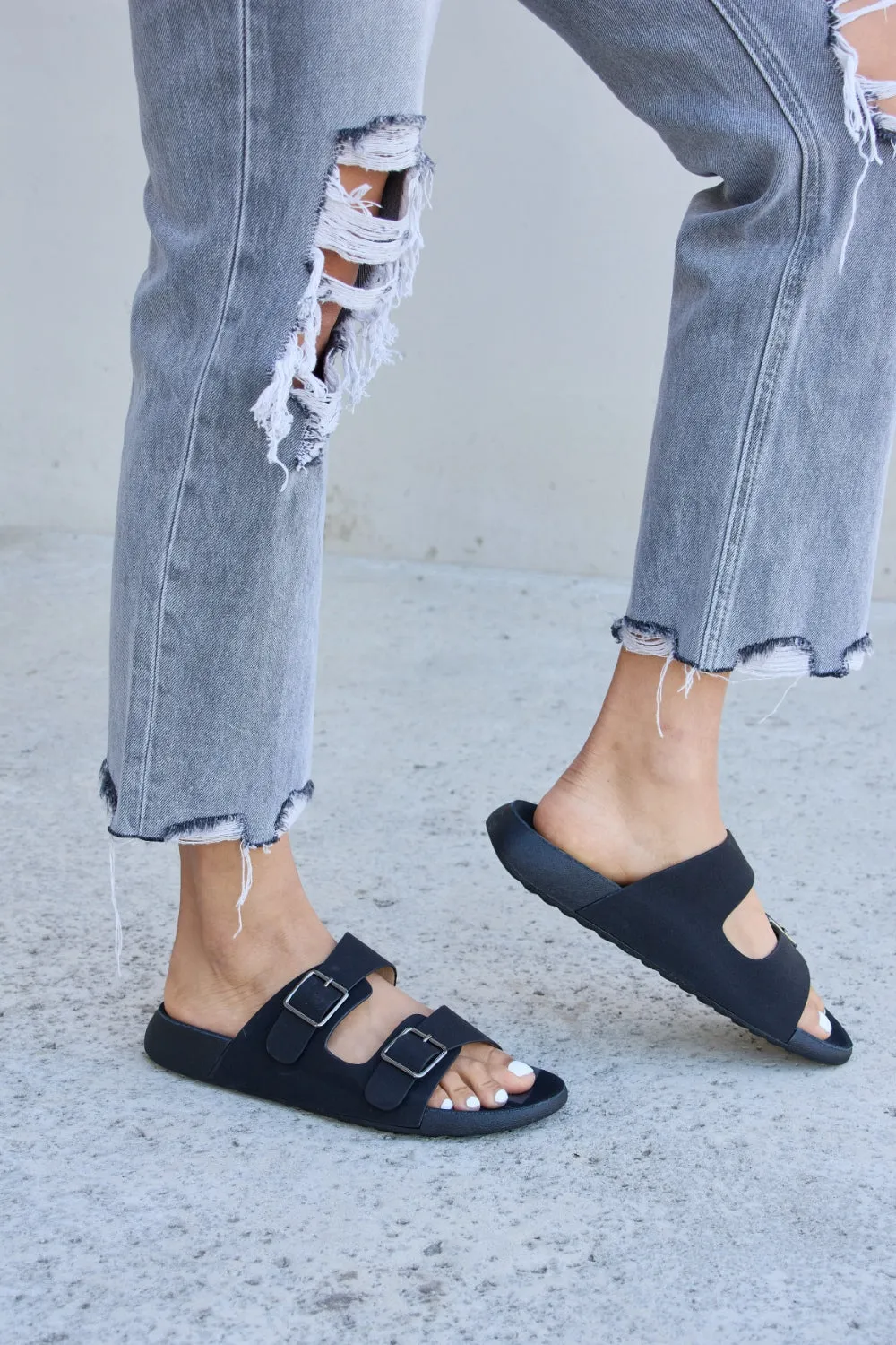 Forever Link Double Buckle Strap Slide On Open Toe Black Flat Sandals