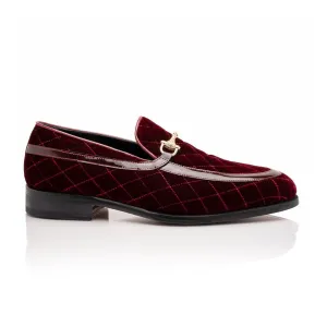 Mauri Allure in Ruby Red Mens Quilted Velvet / Patent leather Mens Slip-on Horsebit Loafers