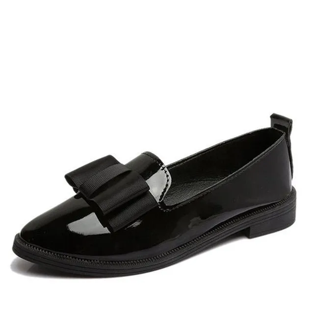 MCCKLE Spring Flats Women Shoes Bowtie Loafers Patent Leather Women's Low Heels Slip On Footwear Female Pointed Toe Thick Heel