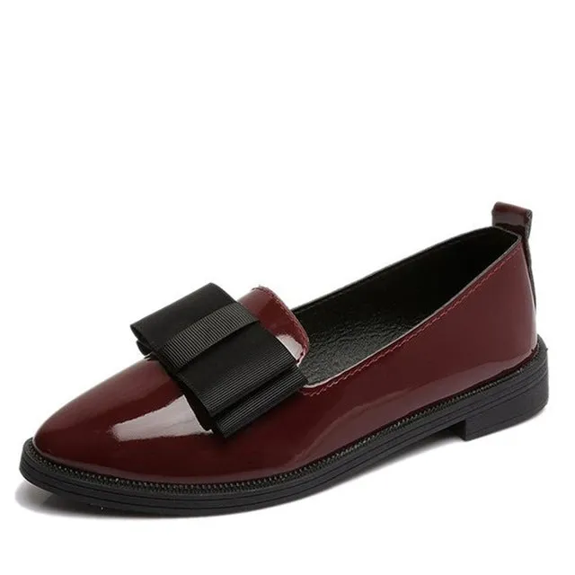 MCCKLE Spring Flats Women Shoes Bowtie Loafers Patent Leather Women's Low Heels Slip On Footwear Female Pointed Toe Thick Heel