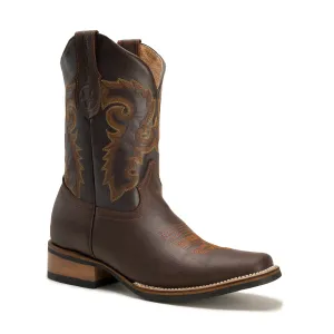 VE517 Brown Men's Western Boots: Square Toe Cowboy & Rodeo Boots in Genuine Leather