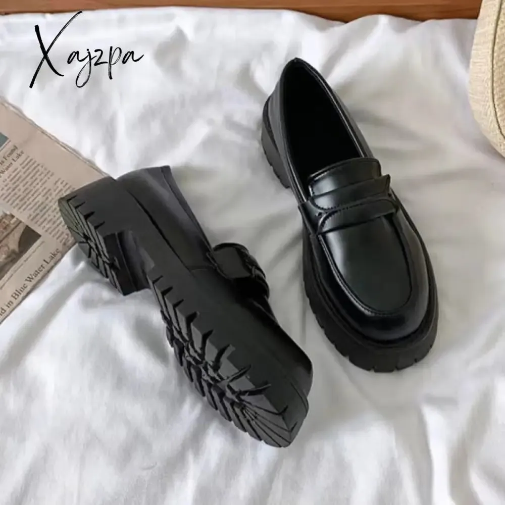 Xajzpa - Womens Derby Shoes Black Flats British Style Casual Female Sneakers Ladies' Footwear Shallow Mouth Loafers With Fur Soft