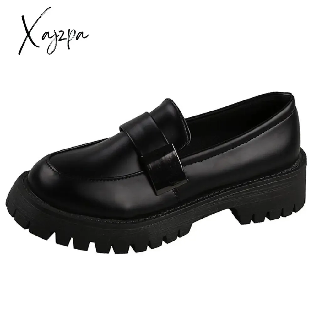 Xajzpa - Womens Derby Shoes Black Flats British Style Casual Female Sneakers Ladies' Footwear Shallow Mouth Loafers With Fur Soft