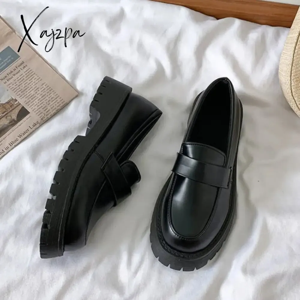 Xajzpa - Womens Derby Shoes Black Flats British Style Casual Female Sneakers Ladies' Footwear Shallow Mouth Loafers With Fur Soft