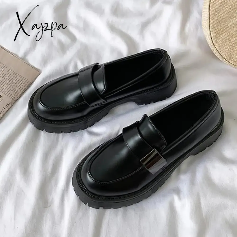 Xajzpa - Womens Derby Shoes Black Flats British Style Casual Female Sneakers Ladies' Footwear Shallow Mouth Loafers With Fur Soft